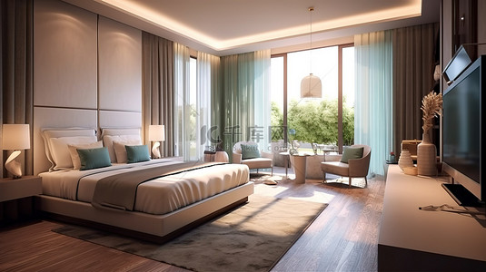3d渲染白色床背景图片_豪华酒店客房宽敞的开放式概念，设有卧室和休息室 3D 渲染