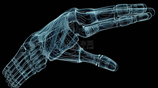 在半机械人或机器人手的黑色 3D 渲染 x 射线上隔离