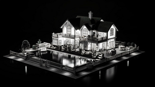 黑色游泳池背景图片_宽敞的别墅，配有广阔的花园和原始游泳池 3D 模型，白色背景，黑色背景