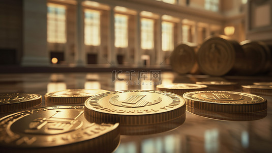 银行投资背景图片_背景上带有银行图标的钱币3D渲染插图象征着经济进步和财政部