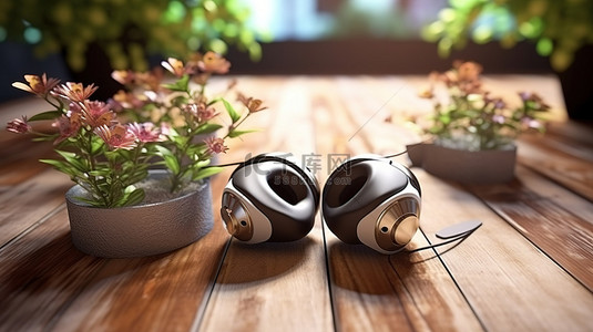 木桌上配有 VR 耳机操纵杆和花盆，虚拟宇宙体验的渲染