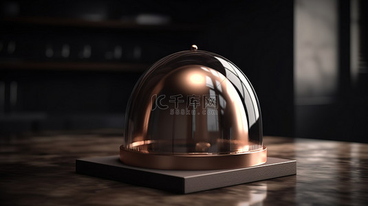 带开盖的青铜餐厅钟形和 3D 渲染内的礼品盒