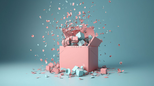 带空白空间 3d 插图的 3d 渲染中打开礼品盒的柔和五彩纸屑爆炸