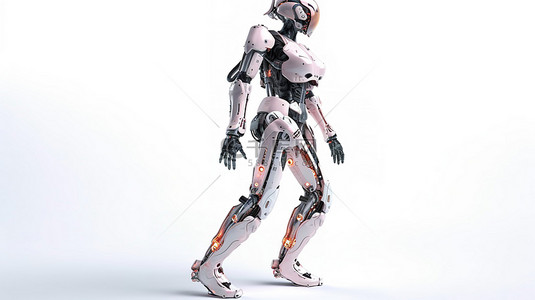 行走的女人背景图片_女性机器人或机器人行走的白色背景 3D 渲染