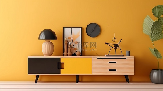 3D 渲染的客厅，配有黄色墙壁和橱柜，配有内部海报模型