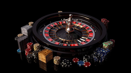 命运背景图片_黑色背景 3d 渲染轮盘上的王牌筹码和骰子