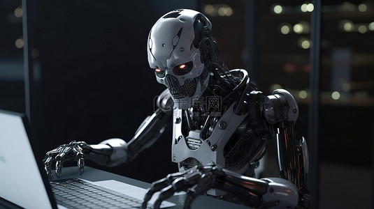 监督热线背景图片_人工智能半机械人或机器人通过 3d 渲染与耳机和电脑笔记本一起工作