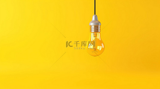 充满活力的背景上创新的黄色悬挂灯泡 3D 渲染创意和灵感的概念