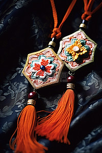 花型挂坠背景图片_挂在布上的传统刺绣吊坠
