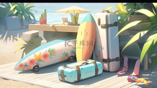 旅行主题 3D 插图，配有手提箱冲浪板和夏季配饰
