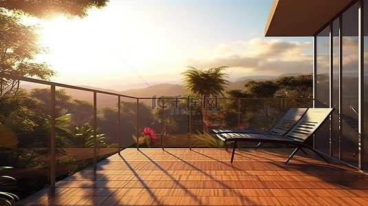 景观平面背景图片_阳光明媚的下午露台景观的 3D 插图