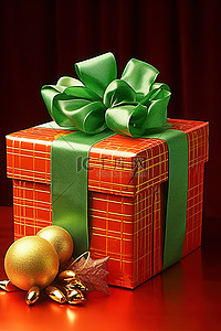 一个红色礼品盒位于绿色蝴蝶结旁边
