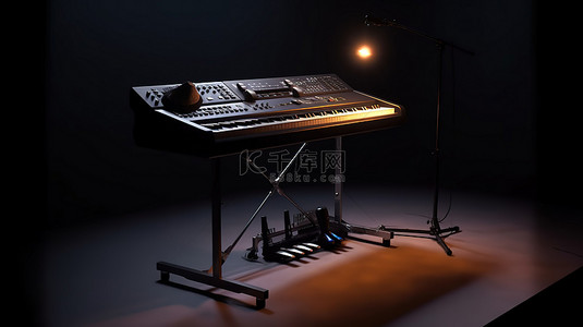 带麦克风和乐器的键盘支架的黑暗工作室 3D 渲染