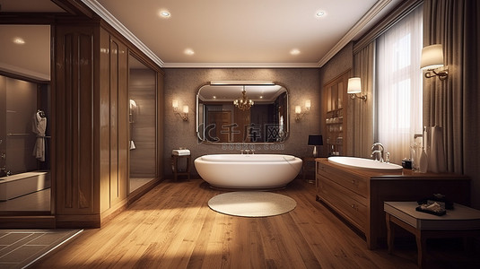 带连接浴室的豪华五星级酒店套房的数字生成图像，以 3D 呈现