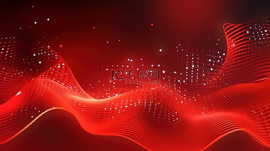情人节抽象波浪在红色背景 3d 渲染上形成点和线