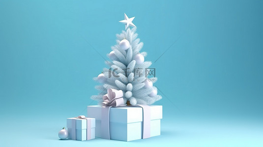 蓝色背景上有树 3D 渲染的圣诞礼品盒