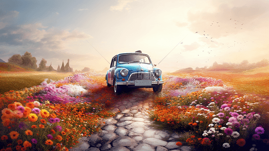 玩具汽车背景背景图片_汽车蓝色鲜花背景