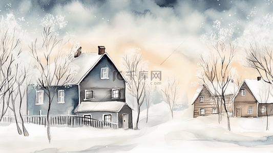 自然风景房屋背景图片_冬天郊外风景插画
