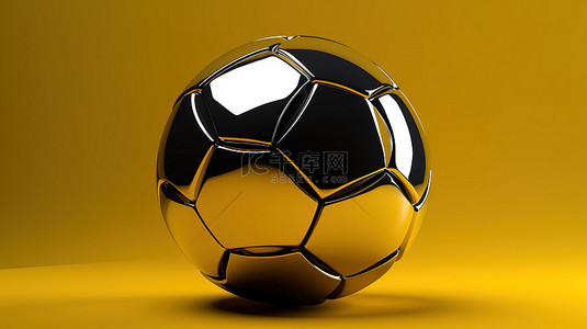 黑色和银色足球的黄色背景 3D 渲染
