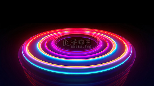 科技感封面背景图片_带霓虹灯的反射激光圈的 3D 插图