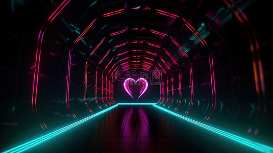 发光的星星和光条纹点缀着 3D 渲染的霓虹心脏隧道