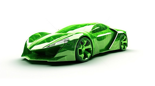 具有生态友好绿色特征的白色背景超级汽车的 3D 插图