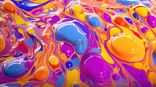 红黄色和紫色的充满活力的混合形成华丽的液体抽象背景 3D 插图和渲染