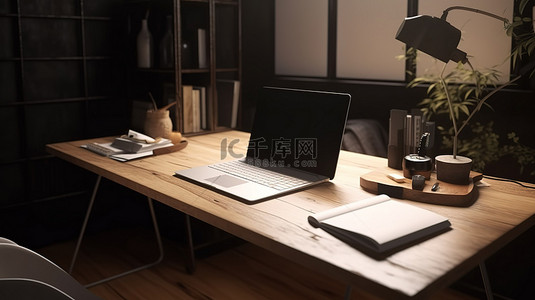 桌面空间背景图片_带有笔记本电脑模型和木桌复制空间的设计师工作站的 3D 渲染