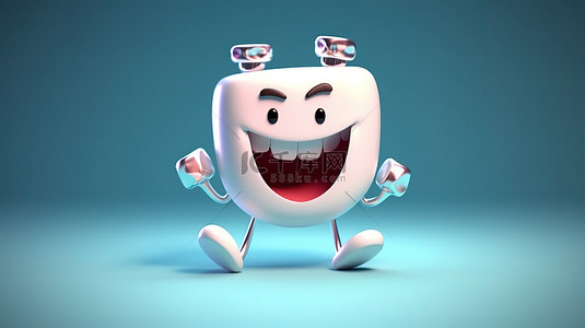 检查健康背景图片_带牙套的卡通人物促进 3D 牙科检查健康和卫生