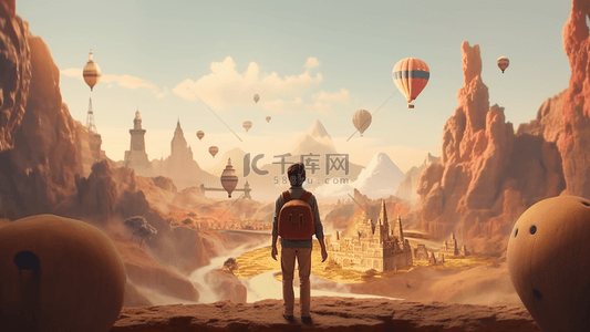 自然风景山脉热气球旅行家旅游卡通广告背景