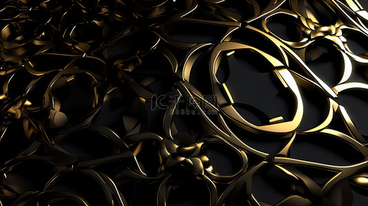 醒目的 3D 渲染图案中的黑色和金色形状