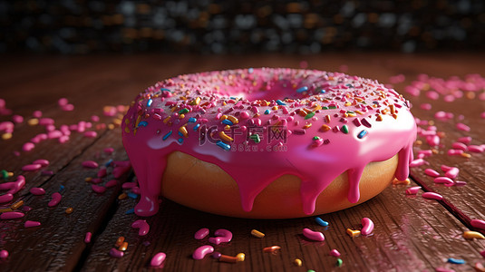 高清美食背景背景图片_美味的 3D 甜甜圈，涂有粉红色糖霜，撒上糖晶体