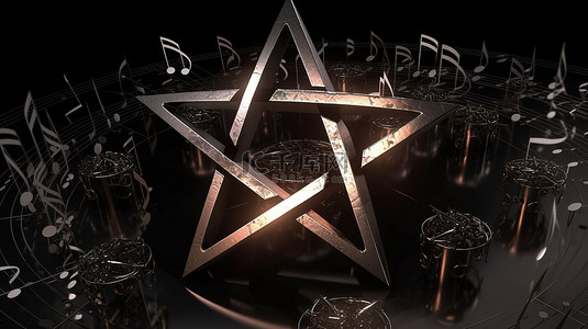 金色五角星3d背景图片_围绕 3D 渲染的五角星的闪烁音符