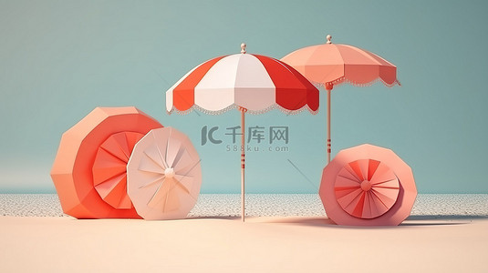 夏日海滩背景海报背景图片_以沙滩伞等季节性元素为特色的暑假主题简约风格3D渲染