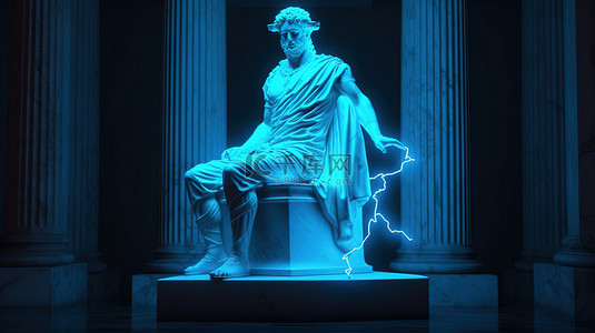 英雄雕像背景图片_霓虹蓝色闪电在 3D 渲染中照亮了阿波罗观景台雕像