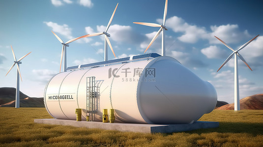 氢能产业背景图片_可再生能源设置 3D 渲染氢能储气罐，背景为太阳能电池板和风力涡轮机