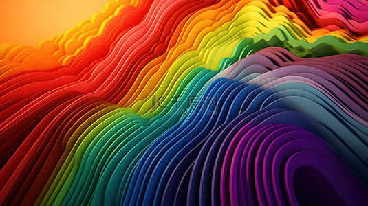 充满活力的线性背景上的彩虹几何线 3D 渲染全景