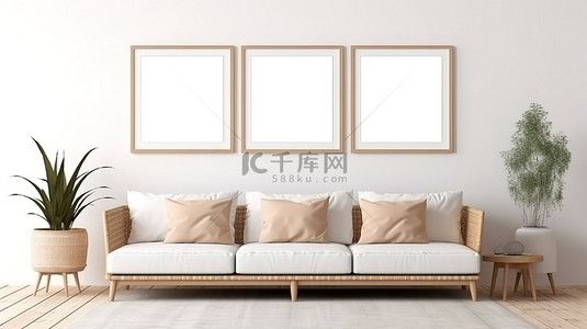 白色客厅内白色墙壁上的空白相框模拟设置 3D 渲染