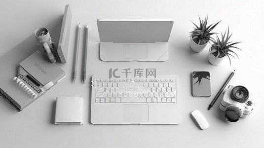 书样机背景图片_带有笔记本电脑剪贴板和平躺空间的白色工作区的单色 3D 渲染