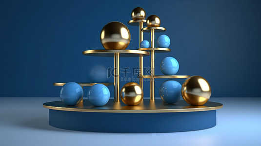 双11悬浮框背景图片_悬浮在蓝色 3d 讲台上方的金色球体