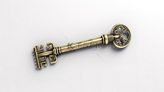白色背景上的复古青铜钥匙 3D 插图