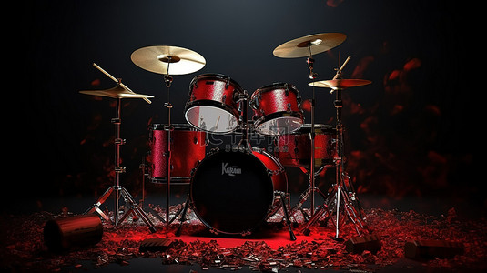 摇滚音乐背景背景图片_体积照明在 3D 渲染中突出了黑色背景上的专业红色摇滚鼓套件
