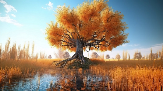 岸上的波妞背景图片_长草河岸上一棵秋树的特写 3D 渲染