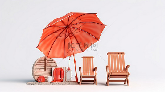 海滩木板背景图片_3d 渲染的木板，在干净的白色背景上展示海滩必需品和行李