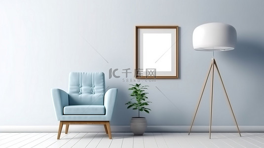 带蓝色扶手椅和空相框的客厅的 3D 渲染