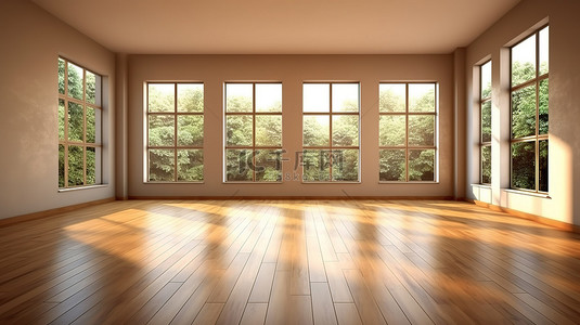 宽敞的房间，配有大窗户和美丽的镶木地板 3D 渲染