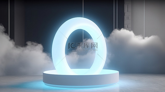 工作室漂浮着蓬松的云，带有发光的光环 3D 白色霓虹灯环渲染