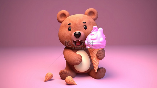 可爱的熊在 3D 渲染中享用冰淇淋