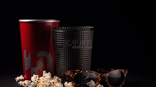 黑色背景金属背景图片_平躺的 3D 眼镜爆米花和黑色背景金属罐中的饮料