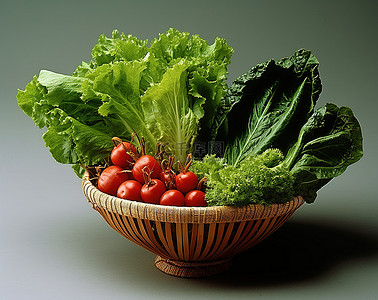 羽衣甘蔬菜背景图片_桌上一篮子生菜西红柿和莳萝